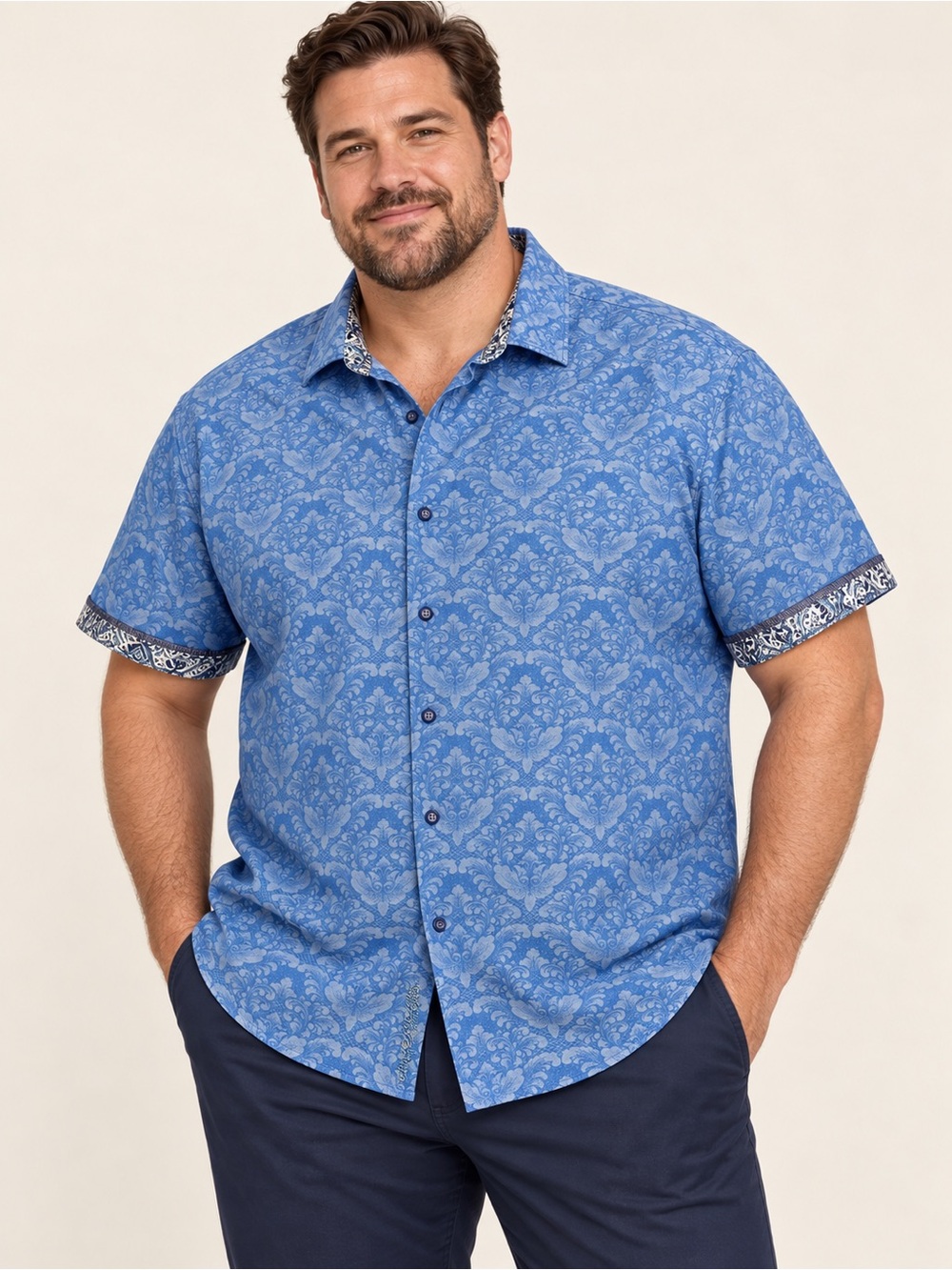 Robert Graham Men’s 2XL Blue Damask Jacquard Short Sleeve Shirt